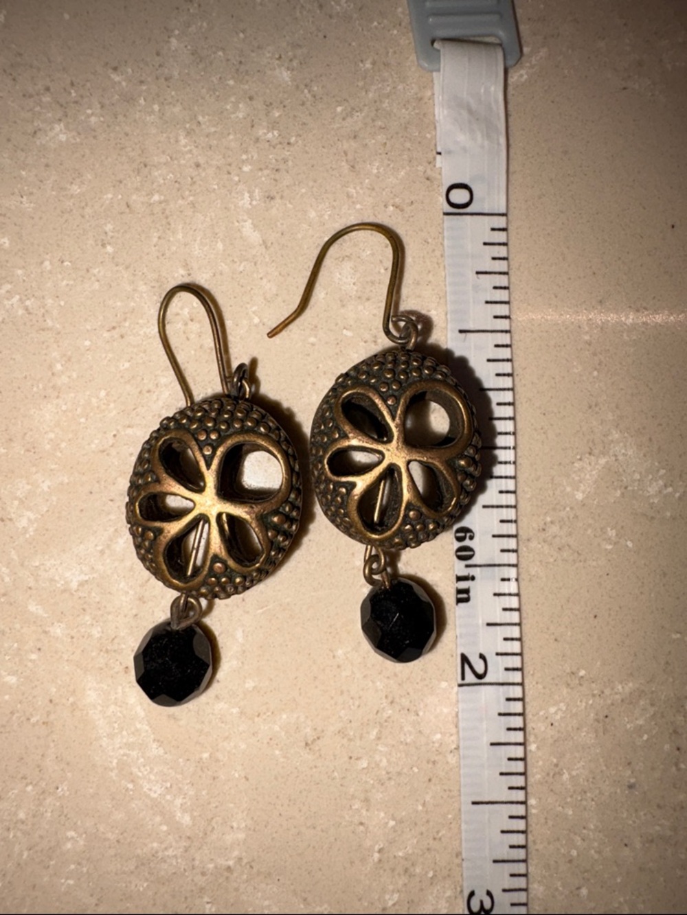 Chico's Antique Brass-Tone Floral Drop Earrings with Black Bead